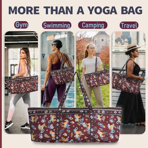 Yoga Mat Bag Yoga Tote Bag with Large Waterproof Zipper Pocket and Drawstring Pocket Yoga Mat Bag Carrier Fit Most Size Mats and All You Stuff - color: dark red