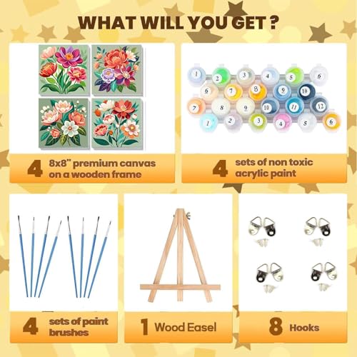 Sretoul Flowers Paint by Numbers Kit for Adults Framed Easel 4 Pack 8X8 in | Flowers Paint by Numbers Kits on Canvas with Frame Easy DIY Acrylic Oil Painting for Home Wall Decor - color: flowers 1