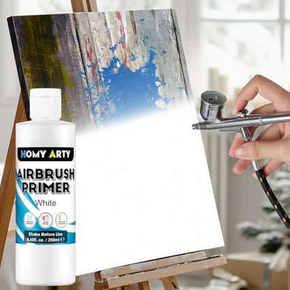 HOMY ARTY Airbrush Primer - White, 8.45 fl.oz 250ml Acrylic Primer | for Airbrush Paint, Quick-Drying Matte Finish for Acrylic Paint with Excellent Adhesion to Plastic Models, Metal, Canvas - color: White