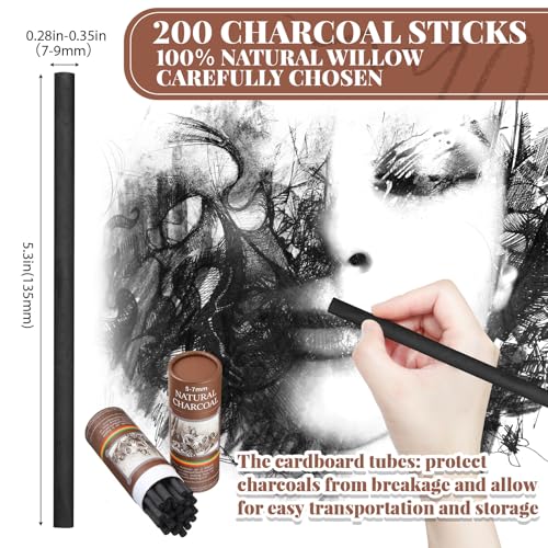 Gueevin 200 Pcs Soft Willow Charcoal Sticks Drawing,5-7mm | For Artists Beginners Students, Vine Charcoal Bulk for Sketching Shading Fine Art, Assorted Sizes, Back to School Gifts - size: 5-7mm