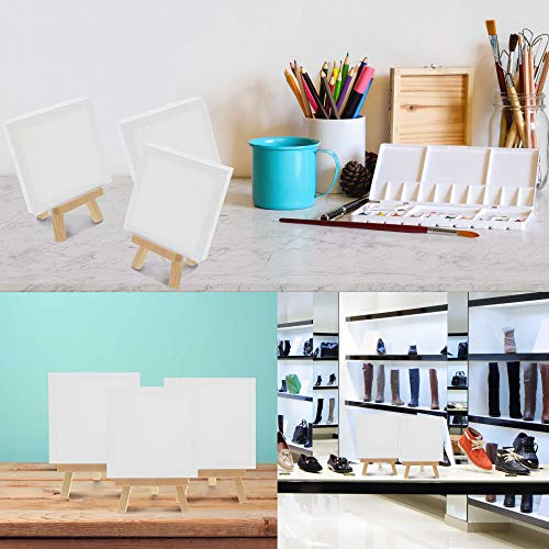 U.S. Art Supply 3" x 3" Stretched Canvas with 5" Mini Easel Kit (12 Pack) - Natural Wooden A-Frame Tabletop Display Stand, Mini Easel Stand - Small Easels for Display, Small Canvases, Crafts, Photos - size: 5" Easel & 3x3 Canvas - 12-pack