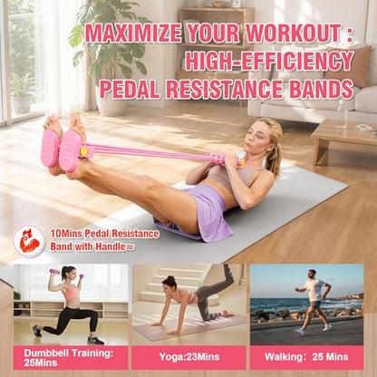 Multifunction Foot Pedal Resistance Bands with Handles, 6-Tube Adjustable Elastic Yoga Exercise Bands, Home Gym Fitness Equipment for Abdomen, Core, Waist, Arm, Leg Stretching（Pink）