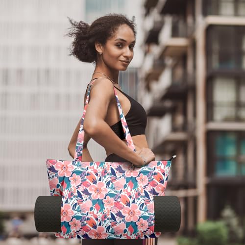 Yoga Bag for Women, Large Canvas Yoga Mat Tote Bag with Yoga Mat Carrier | Large Mat Pocket Fitness Tote for Pilates, Gym, Travel, Office & Beach - color: Pink Flower