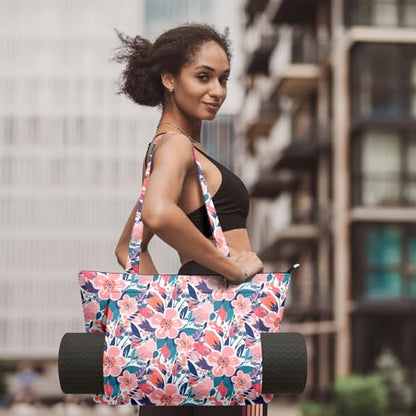 Yoga Bag for Women, Large Canvas Yoga Mat Tote Bag with Yoga Mat Carrier | Large Mat Pocket Fitness Tote for Pilates, Gym, Travel, Office & Beach - color: Pink Flower