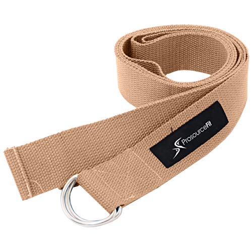 ProsourceFit Metal D-Ring Yoga Strap 8’ Durable Cotton for Stretching and Flexibility - color: Beige
