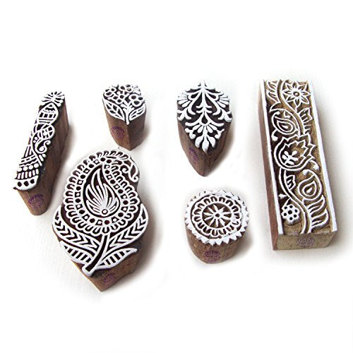 Decorative Paisley and Floral Motif Block Print Wood Stamps (Set of 6) - color: Htag0330