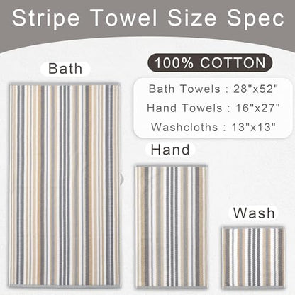 VOOVA & MOVAS Striped Towels 6 Pack, 100% Cotton, Gray Beige - color: Beige + Gray Striped, size: 6 PCS Bathroom Towels