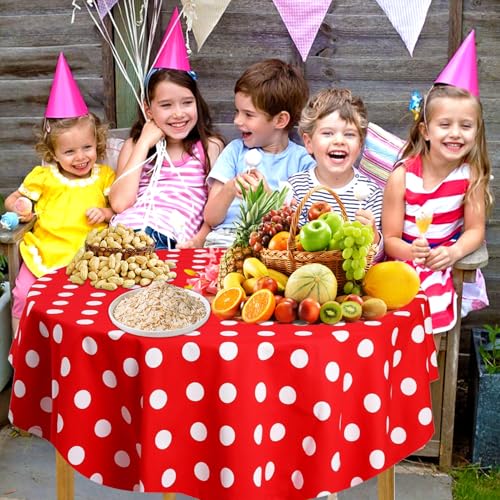 3 Pack Red and White Polka Dots Tablecloth Red Round Table Cover with White Polka Dot Round Plastic Table Cloth 84 in Round for Kitchen Dining Wedding Party