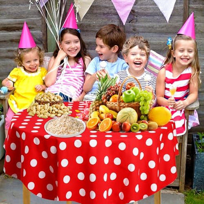 3 Pack Red and White Polka Dots Tablecloth Red Round Table Cover with White Polka Dot Round Plastic Table Cloth 84 in Round for Kitchen Dining Wedding Party