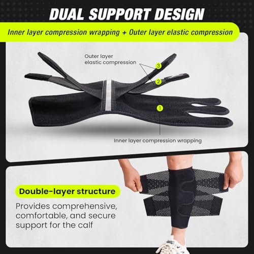 Sylong® Torn Calf Muscle Compression Sleeve Wrap Brace for Calf Swollen, Edema, Soreness, Strain, Cramps, Varicose veins, with 4 sets of Elastic straps - L/XL (1 pack) - size: L/XL