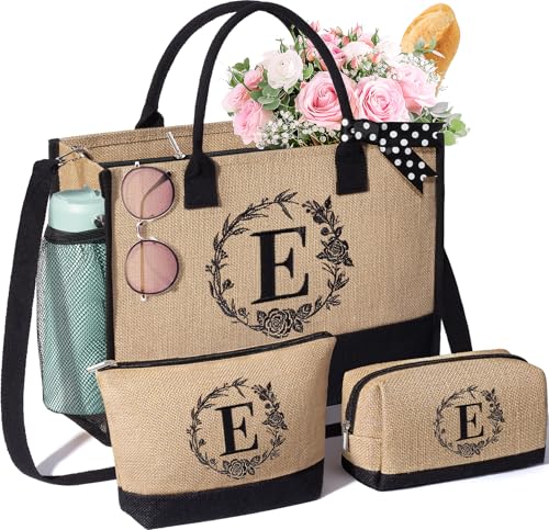 Personalized Birthday Gifts for Women, Monogrammed Initial Jute Tote Bags | Beach Tote Bag & Makeup Bags w/ Zipper, Christmas Women Gifts for Mom Her Friends Sister Coworker Nurse Teacher Appreciation - style: E