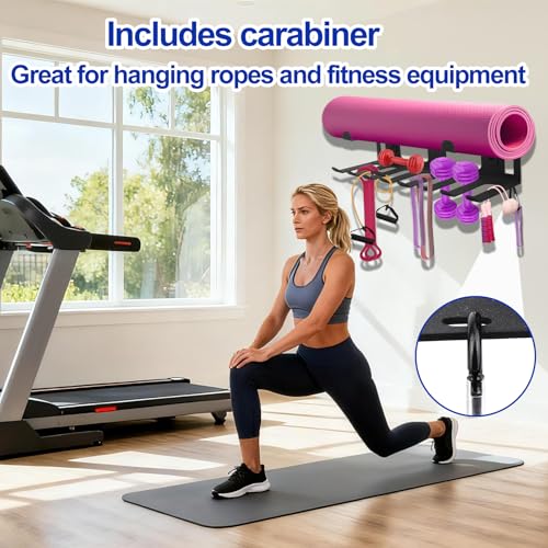 Multi-Purpose Gym Equipment Storage Rack, Stainless Steel Rack Holder Organizer Wall Mount with Screws Home Gym Organization Accessories for Foam Rollers Straps Jump Ropes Yoga Mat (Black)