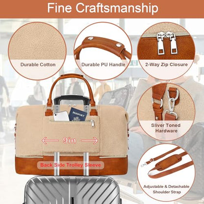 ITIEZY Weekender Bag for Women 21.5" Travel Duffel Large Carry On Bag 3PCS | Nylon Duffel Bag with Waterproof Shoe Compartment, Crossbody Bag and Toiletry Bag, Travel Weekend Hospital Overnight Gym Bag - color: 8a-Off White