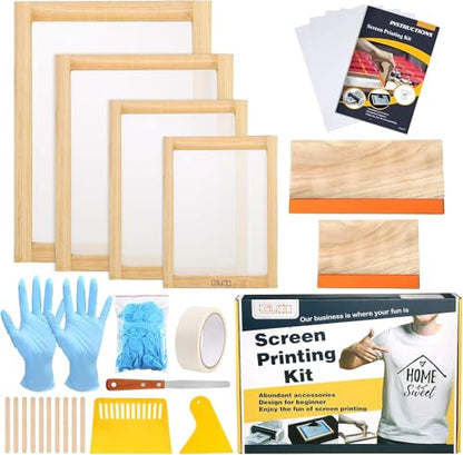 31 Pieces Screen Printing Starter kit Include 4 Different Size | Wood Silk Screen Printing Frame with 110 Mesh, Squeegees, Inkjet Transparency Film, Ink Knife, Gloves and Mask Tape - style: 31pcs