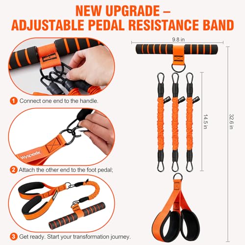 Foot Pedal Resistance Band with Handle, 3-Tube Multifunction Adjustable Yoga Elastic Exercise Bands, Home Workout Equipment for Women & Men to Abdomen, Waist, Arm, Core/ABS, Leg - color: Orange