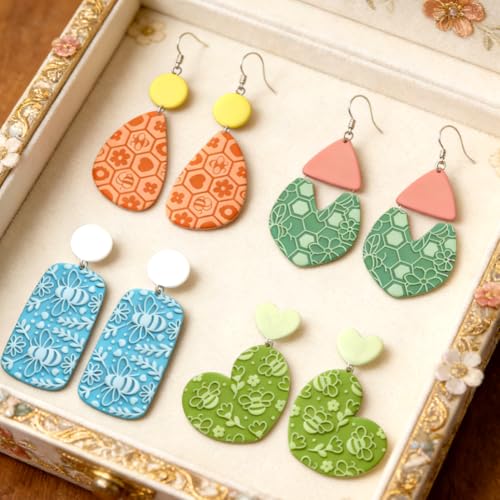 ACRNIGHEET 5 Pcs Polymer Clay Texture Roller, Bee Themed Embossing Rollers Pottery Stamp, Like Texture Sheets Work with Polymer Clay Cutters, Clays Jewelry Making Kit with Storage Box - color: Bee