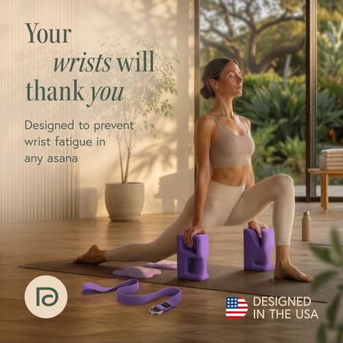 PRO Yoga Blocks | Ergonomic Yoga Block 2 Pack for Wrist Comfort and Support | EVA Foam Exercise Blocks, 2x Knee Pads & Yoga Strap | Pilates Block Set | Bricks to Eliminate Wrist Pain - color: Purple