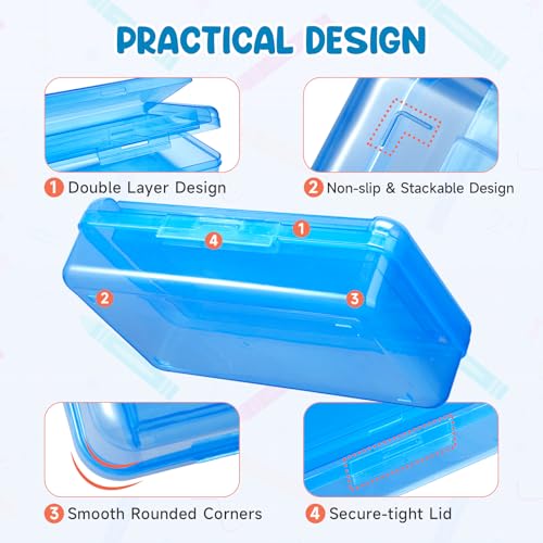 GAMENOTE Plastic Pencil Box with Personalized Sticker,Kid Hard Pencil Case with Snap-tight Lid,Small Art Craft Storage Containers,School Supplies Box for Boys,Girls (Double-Layer Blue) - color: Double-Layer Blue
