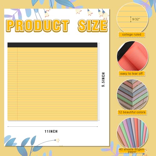 Lincia 12 Pcs Legal Pads Landscape Notebook, Bright Color | 11" x 9.5" College Ruled Notepad,Horizontal Lined Notebook, 40 Sheet, 80 Gsm, Assorted Colors Paper, Pastel Writing Pad - color: Bright Color