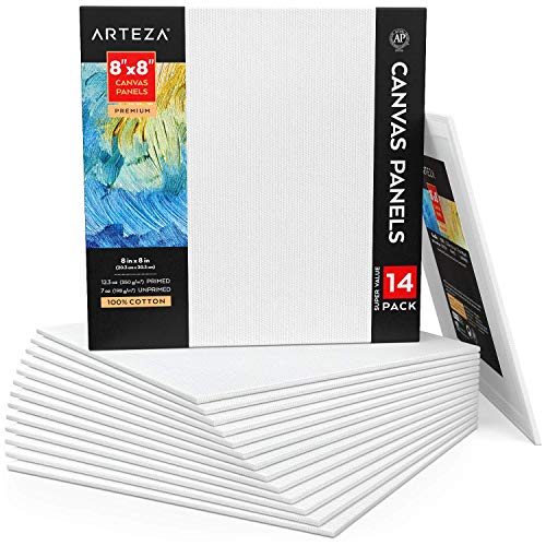 ARTEZA Canvas Panels 8x8 Inch, White Blank Pack of 14, 100% Cotton, 12.3 oz Primed, 7 oz Unprimed, Acid-Free, for Acrylic & Oil Painting, Professional Artists, Hobby Painters & Beginners - size: 8 x 8 inch, 14 pack