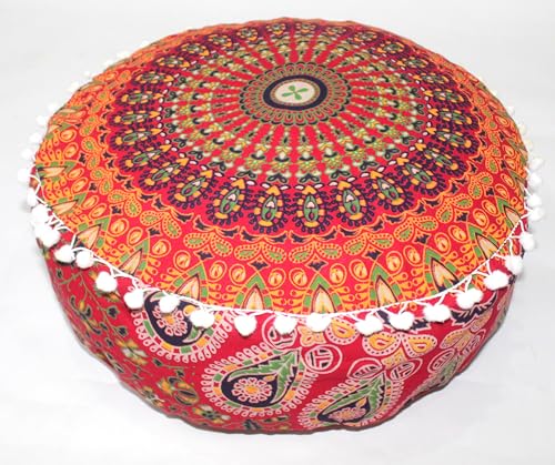 INDIAN CRAFT CASTLE ICC Red Peacock Mandala Barmeri Large Floor Pillow Cover Cushion Meditation Seating Ottoman Throw Cover Hippie Decorative Zipped Bohemian Pouf Ottoman Cases 16" Round - color: Red, size: 16"D x 16"W x 5"H