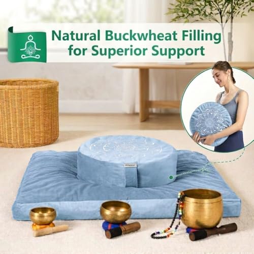 Hihealer Meditation Cushion, Traditional Tibetan Meditation Pillow Velvet Cover - Large Floor Cushion Seating for Adults - Yoga Buckwheat Bolster for Women、Moms | Buckwheat Yoga Bolster, Large Floor Cushion & Pillow for Adults, Zafu Zabuton Set, Zen Medit