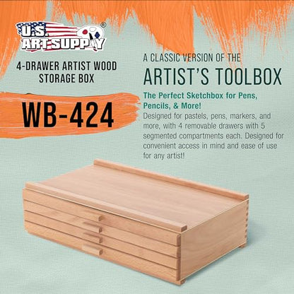 U.S. Art Supply 4-Drawer Artist Tool Supply Box with 5 Compartments per Drawer - Hardwood Art Box for Artist Supplies, Brushes, Pencils, Erasers, Tool Storage Organizer Case