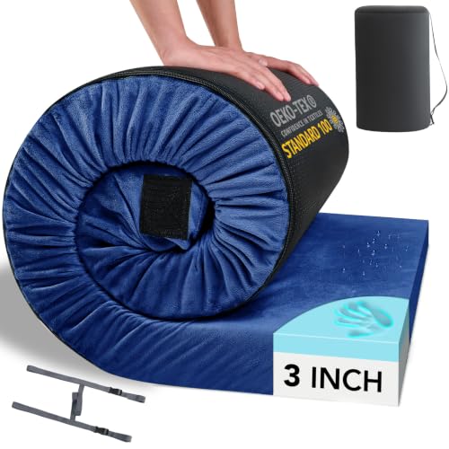 HomeMate Memory Foam Camping Mattress Pad: Portable Car Sleeping Pad | Roll Up Floor Mattress for Camping Cot Tent Truck Travel, Non-Slip Waterproof Sleeping Mat for Adults Guests - color: blue, size: Single / 75*30*3