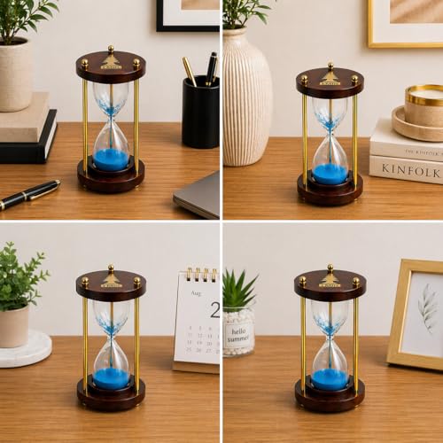 Wooden Sand Timer 4 Inch, Hourglass for Time Management and Decoration Elegant Timer for Desk Office & Decoration Study Timer (Brown Brass Pink) - color: Brown Brass Sky Blue