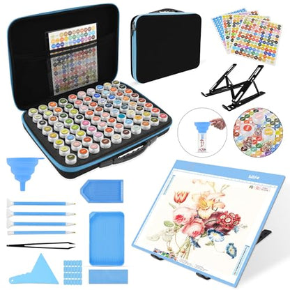 Mlife Diamond Art Painting Storage Boxes,1 Diamond Painting A4 Light Box Tracing Light Board with 3 Brightness, 80 Slots Bead Storage with 5D Diamond Art Accessories and Tools Kit（Blue） - color: blue