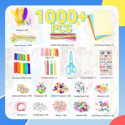 SMILESSKIDDO Kids Arts and Crafts, 1000+ PCS Craft Kits with Storage Box | Portable 3-Layer Folding Storage Box, 1000+ Pcs DIY Craft Supplies, School Craft Projects, Gifts for Girls Ages 4-12 - color: purple
