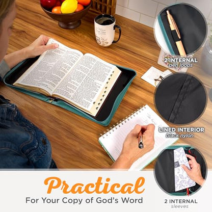 Christian Art Gifts Faux Leather Bible Cover for Women: Be Still and Know Teal Floral | Large, Handle, Sleeves, Storage Pockets, Pen Loops, Ribbon Bookmarks, Zipper, Bible Study Supplies - size: Large