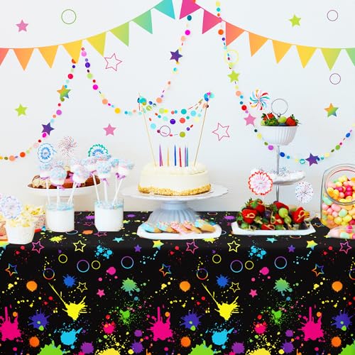 Adirasenotek 3Pcs Art Paint Party Tablecloth Birthday Tablecloth Plastic Table Cloth Disposable Table Cover for Art Party Decorations Neon Glow Black Light Birthday Baby Shower Supplies
