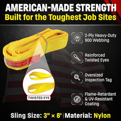 DD Sling 3 Inch x 8 Foot Nylon Lifting Sling – USA Made, 8,900 lb Vertical, 7,200 lb Choker, 17,800 lb Basket – 2-Ply Heavy Duty 900 Webbing, Type 4 Twisted Eye & Eye Rigging Sling - size: 3 in x 8 ft