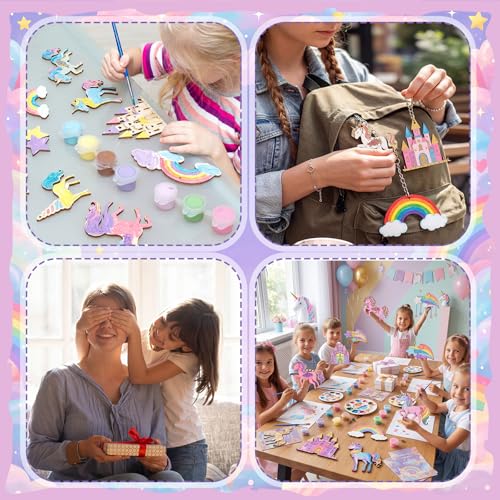 Saypacck 24 Pcs Rainbow Unicorn Party Favors Wooden Paint Craft Kits | Rainbow Designs with Paints, Packaged for Goodie Bag Fillers, Fun Craft Activity, Thank You Gifts and Decorations - style: Rainbow Unicorn