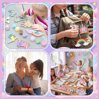 Saypacck 24 Pcs Rainbow Unicorn Party Favors Wooden Paint Craft Kits | Rainbow Designs with Paints, Packaged for Goodie Bag Fillers, Fun Craft Activity, Thank You Gifts and Decorations - style: Rainbow Unicorn