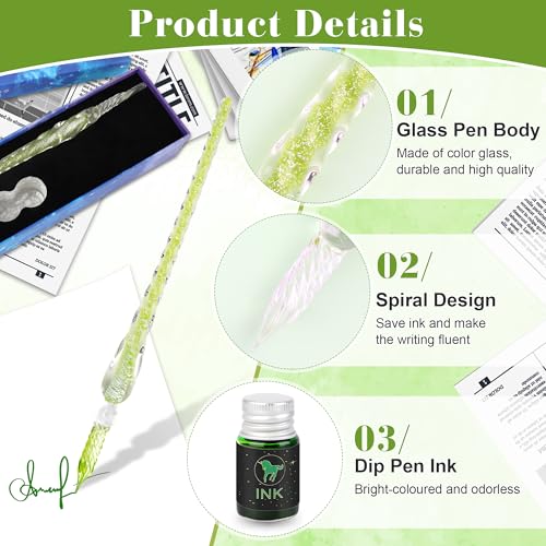 Luxiv Glass Dip Pen Set, Purple Crystal Pen With Ink, Holder, and Package - color: Green, style: Basic