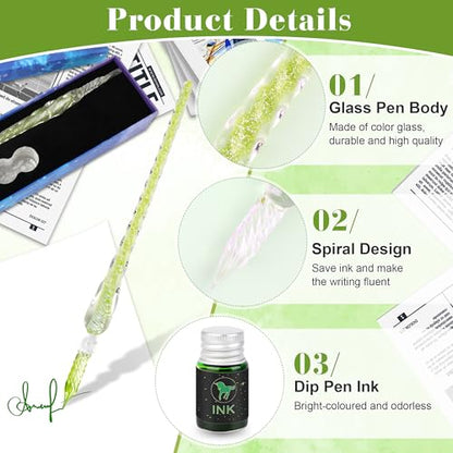 Luxiv Glass Dip Pen Set, Purple Crystal Pen With Ink, Holder, and Package - color: Green, style: Basic