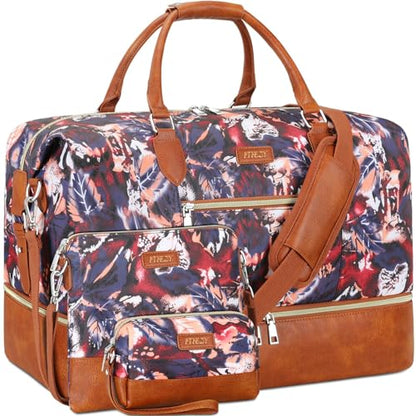 ITIEZY Weekender Bag for Women 21.5" Travel Duffel Large Carry On Bag 3PCS | Nylon Duffel Bag with Waterproof Shoe Compartment, Crossbody Bag and Toiletry Bag, Travel Weekend Hospital Overnight Gym Bag - color: 8-Purple Leaf