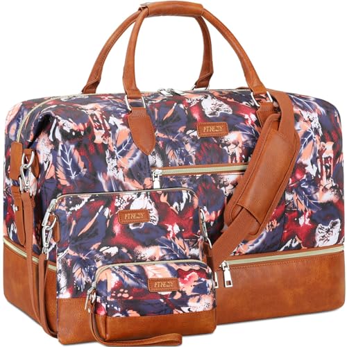 ITIEZY Weekender Bag for Women 21.5" Travel Duffel Large Carry On Bag 3PCS | Nylon Duffel Bag with Waterproof Shoe Compartment, Crossbody Bag and Toiletry Bag, Travel Weekend Hospital Overnight Gym Bag - color: 8-Purple Leaf