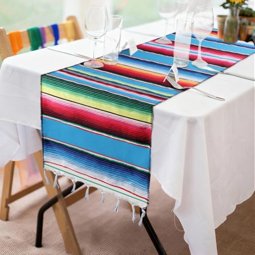 Fowecelt Mexican Serape Table Runner 14 x 84 Inch Hand-Woven Blanket Colorful Striped Mexican Fringe Cotton for Fiesta Table Runner for Outdoor Picnics Dining Party Wedding Decorations - color: Blue, size: 84" x 14" (Runner)