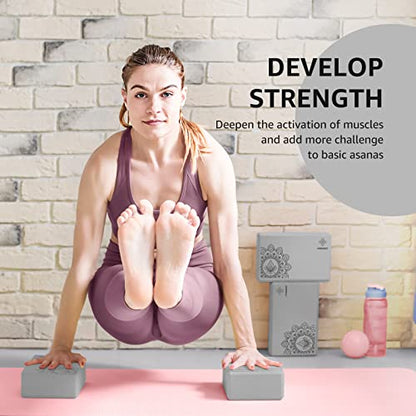 Overmont Yoga Block 2 Pack Supportive Latex-Free EVA Foam Soft Non-Slip Surface for General Fitness Pilates Stretching and Meditation 9"x6"x3" Yoga Strap Included - color: Grey