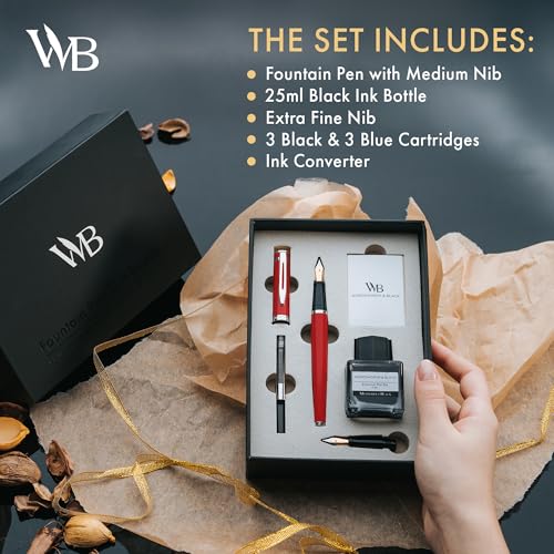 Wordsworth & Black Fountain Pen Gift Set, Medium & Extra Fine Nib, Red | For Men & Women, Brass Body, 18K German Iridium, Ink Bottle + 6 Cartridges, Converter, Writing & Calligraphy, Journaling - color: Red Chrome