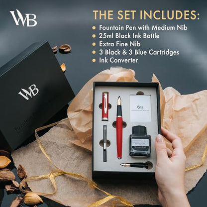Wordsworth & Black Fountain Pen Gift Set, Medium & Extra Fine Nib, Red | For Men & Women, Brass Body, 18K German Iridium, Ink Bottle + 6 Cartridges, Converter, Writing & Calligraphy, Journaling - color: Red Chrome