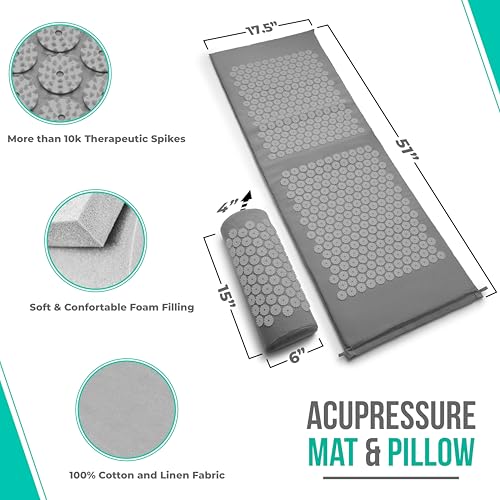 Sivan Acupressure Mat & Pillow Set for Back & Neck (XL, Gray/Gray) - color: Gray/Gray, size: XL