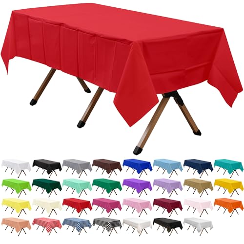 2 Pack Red Premium Plastic Tablecloth Rectangle 54 x 108 Inches Reusable Ruby Red Decorative Table Cover for Dining, Wedding, Party, Indoor and Outdoor use - color: E03 Red, size: Rectangle 54"x108"