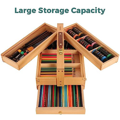 VISWIN Multi-Function Artist Storage Box, Portable Solid Beech Wooden Tool Box with Drawer, Three Layers Art Supplies Storage Box for Paint Brush, Pen, Pastel, Paining Supplies, 13 1/2" x9 1/2"x5" - size: Three Layers