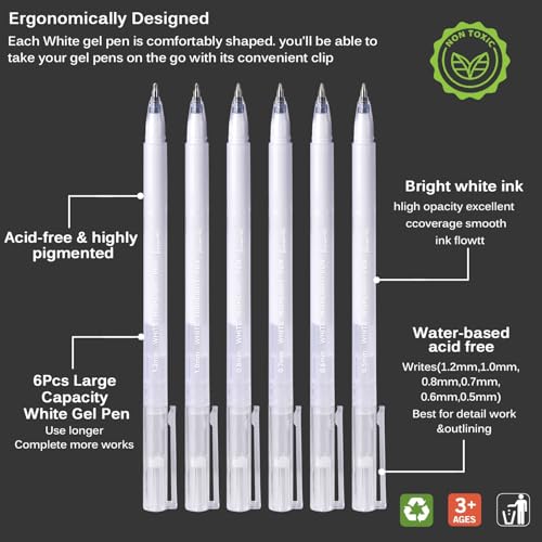 Brusarth White Gel Pens, 6 Sizes Fine Point Opaque Archival Ink Pens | Opaque White Archival Ink Pens for Black Paper Drawing, Sketching, Illustration, Bullet Journaling
