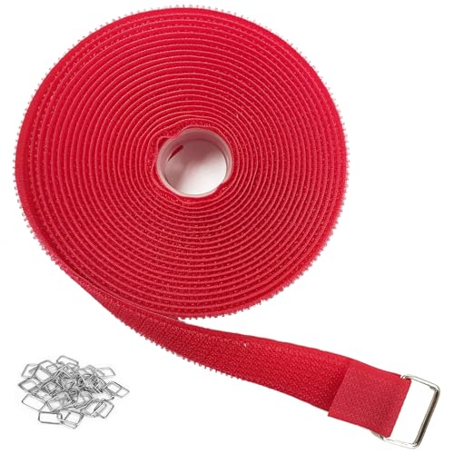 YMCRLUX 1"x16ft Hook and Loop Straps with 25 Metal Buckles, Adjustable Fastening Cable Straps, Cut-to-Length Cinch Strap, Reusable Nylon Securing Cord Ties for Organizer or Storage, 1 inch Wide,Red - size: 1in x 16ft Red