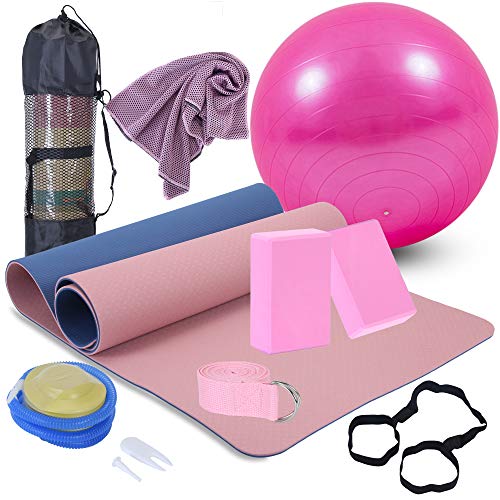 Yoga Starter Kit - 11-Piece Set with Yoga Blocks, Strap, Ball, Mat, Carrying Strap, Net Bag, Cooling Towel - color: Pink